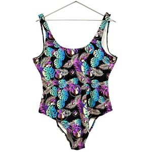 Buc-ee's One Piece Swimsuit Women XL Black Tropical Beaver Print Summer Beach